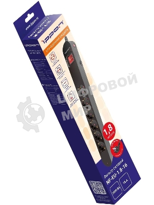 Сетевой фильтр Ippon NF-EU-1.8-16 1.8 м, 6 розеток, черный, коробка