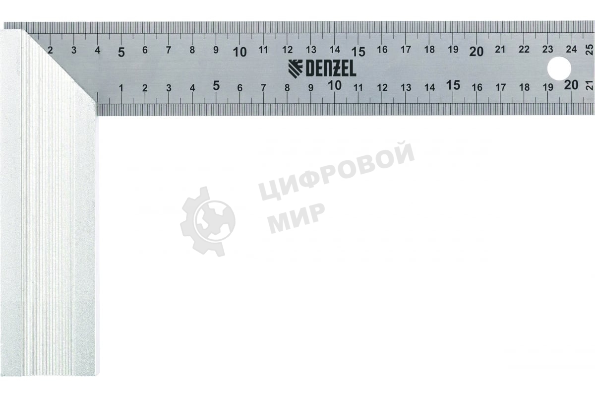 Угольник Denzel стальной, нержавеющая сталь, градуировка, алюминиевое основание, 250 мм