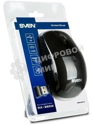 Мышь беспроводная SVEN RX-260W черный, 1600 dpi, радиоканал, USB, кнопки - 4
