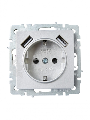Розетка 1-местная IEK BRITE РЮш10-1-БрА (BR-R14-16-U21-D21-K47) с заземлением, с защитными шторками, 16А, с USB A+A 5В 2,1А, алюминий
