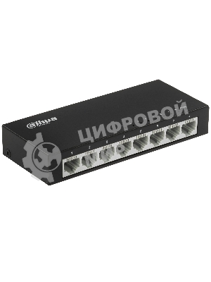 Коммутатор 8-в-1 Dahua DH-PFS3008-8ET/8 портов до 100 Мбит.с/коммутация до 1.6 Gbит.с/неуправляемый/Plug & Play/черный (DH-PFS3008-8ET)