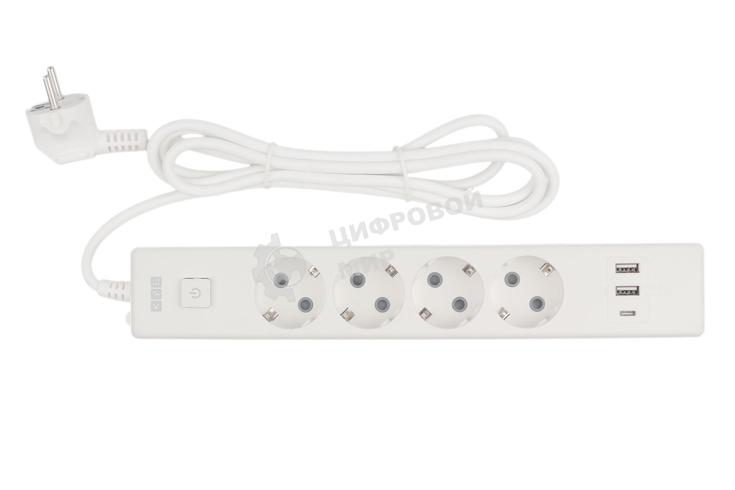 Бытовой удлинитель PowerCube, 4 р с/з вык., 3USB, 3500 Вт, 16А, 1.9 м, 3x1,0 (белый) PC-6-2M