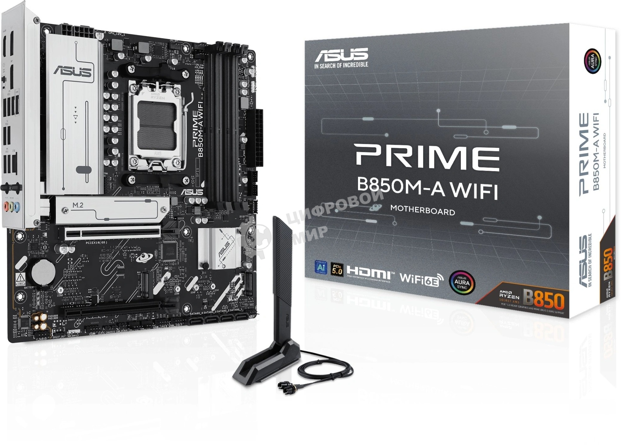 Материнская плата ASUS PRIME B850M-A WIFI, AM5, AMD B850, 4xDDR5, 4xSATA, 3xM.2, 1xPCIe 5.0 x16, 1xPCIe 4.0 x16, 1xHDMI, 2xDP, 1x2.5Gb LAN, Wi-Fi 6E, Bluetooth 5.3, 2xUSB-A 10Gbps, 2xUSB-A 5Gbps, 4xUSB-A 2.0, 3x3.5 мм, 7.1, mATX