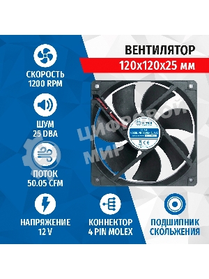 Вентилятор для корпуса 5bites FB12025S-12L4MX черный, 120 x 120 мм, 1200 об/мин, 25 дБ, 4 pin