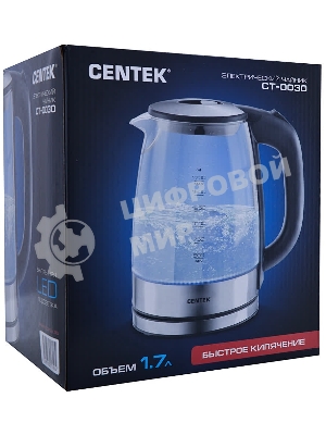 Чайник электрический Centek CT-0030 черный стекло 1.7 л, 2200 Вт, внутр. LED подсветка, защита от вкл б/воды