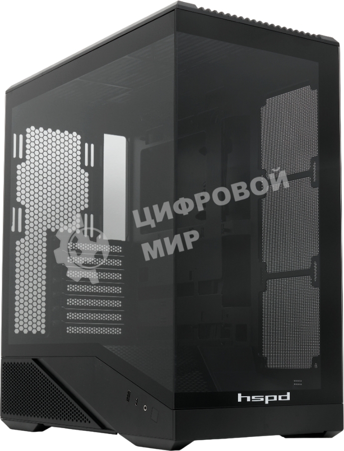 Компьютерный корпус без блока питания HSPD F711-TGbK, Panoramic Full Tower, Black, TG, 0.7 SPCC, no fans ATX, mATX, mITX 190/420/280мм 2x2.5