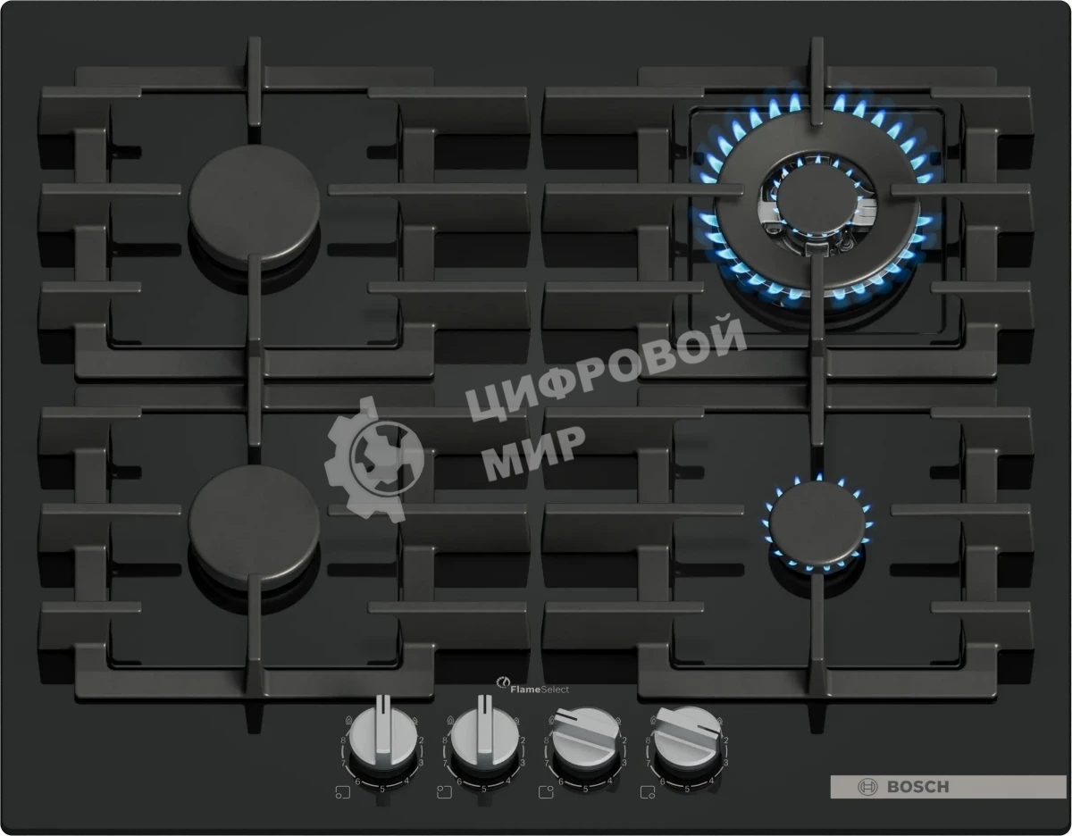Газовая варочная панель Bosch PPH6A6I40O 5.8x59x52 см, WOK, закаленное стекло, независимая, черная