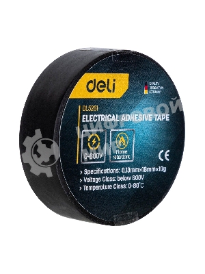 Изолента Deli DL5261 0,13 мм х 18 мм х 10 м Уровень напряжения: менее 600 В. Температурный рейтинг: 0-80. ПВХ.