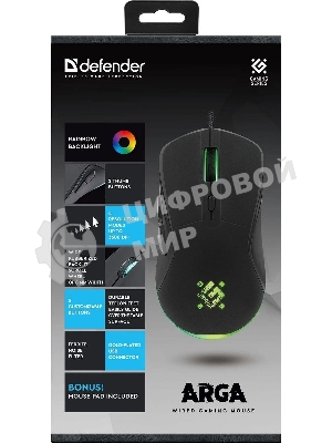 Мышь проводная Defender Arga GM-049 черный, 3600 dpi, USB, кнопки - 6