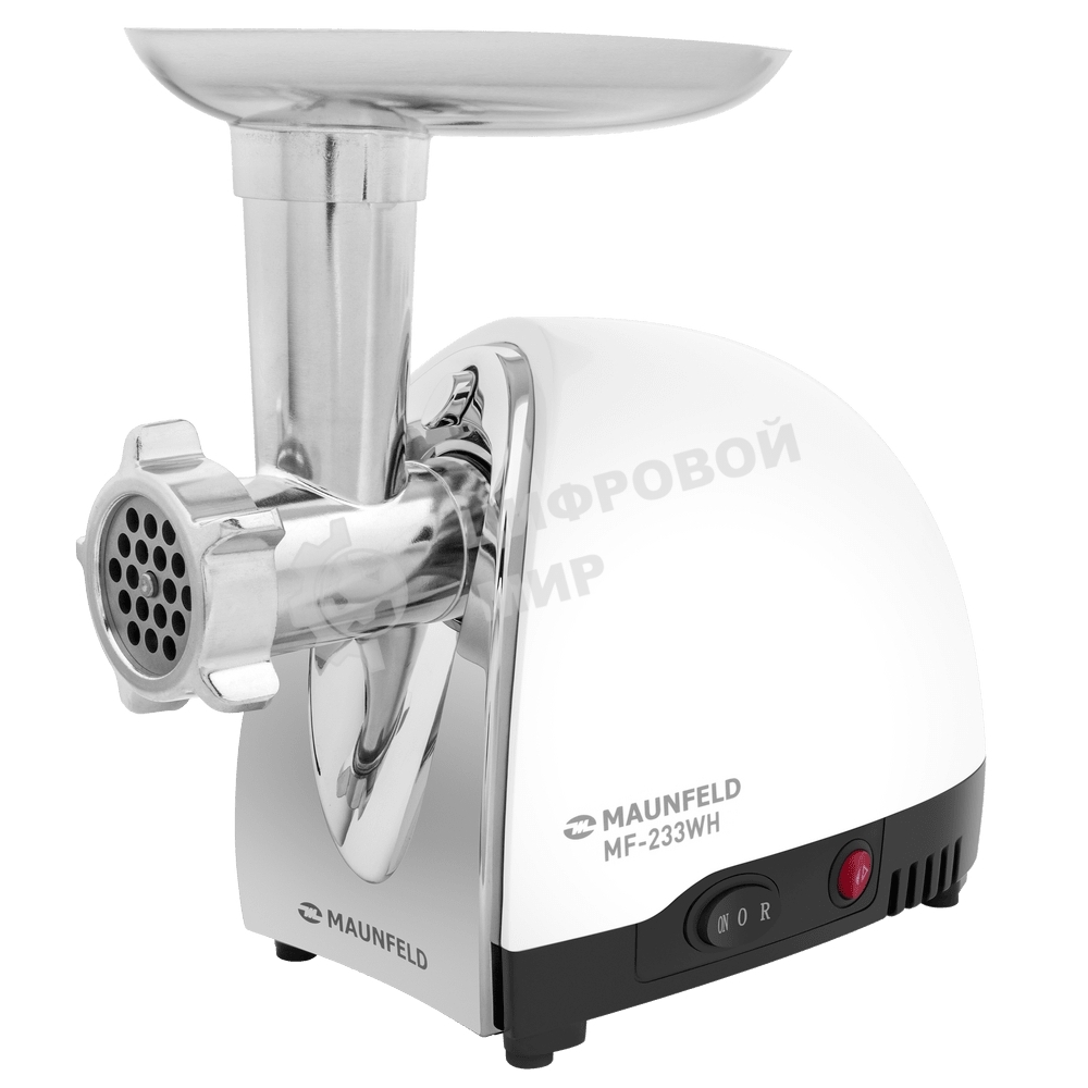 Мясорубка электрическая Maunfeld MF-233WH белый, 1360 Вт, 1.5 кг/мин, реверс, металлический лоток, насадки - 5