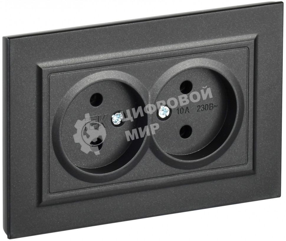 Розетка 2-местная IEK BRITE РС12-2-БрЧ (BR-R20-10-K02-F) 10А, в сборе, без заземления без защитных шторок, черный
