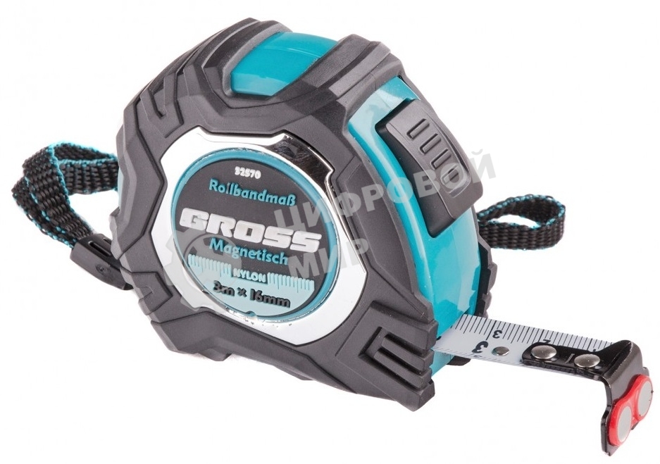 Рулетка Gross Magnetisch, 3 м х 16мм, обрезин. корпус, автоматич. фиксация, нейлон. покр., магн. зацеп
