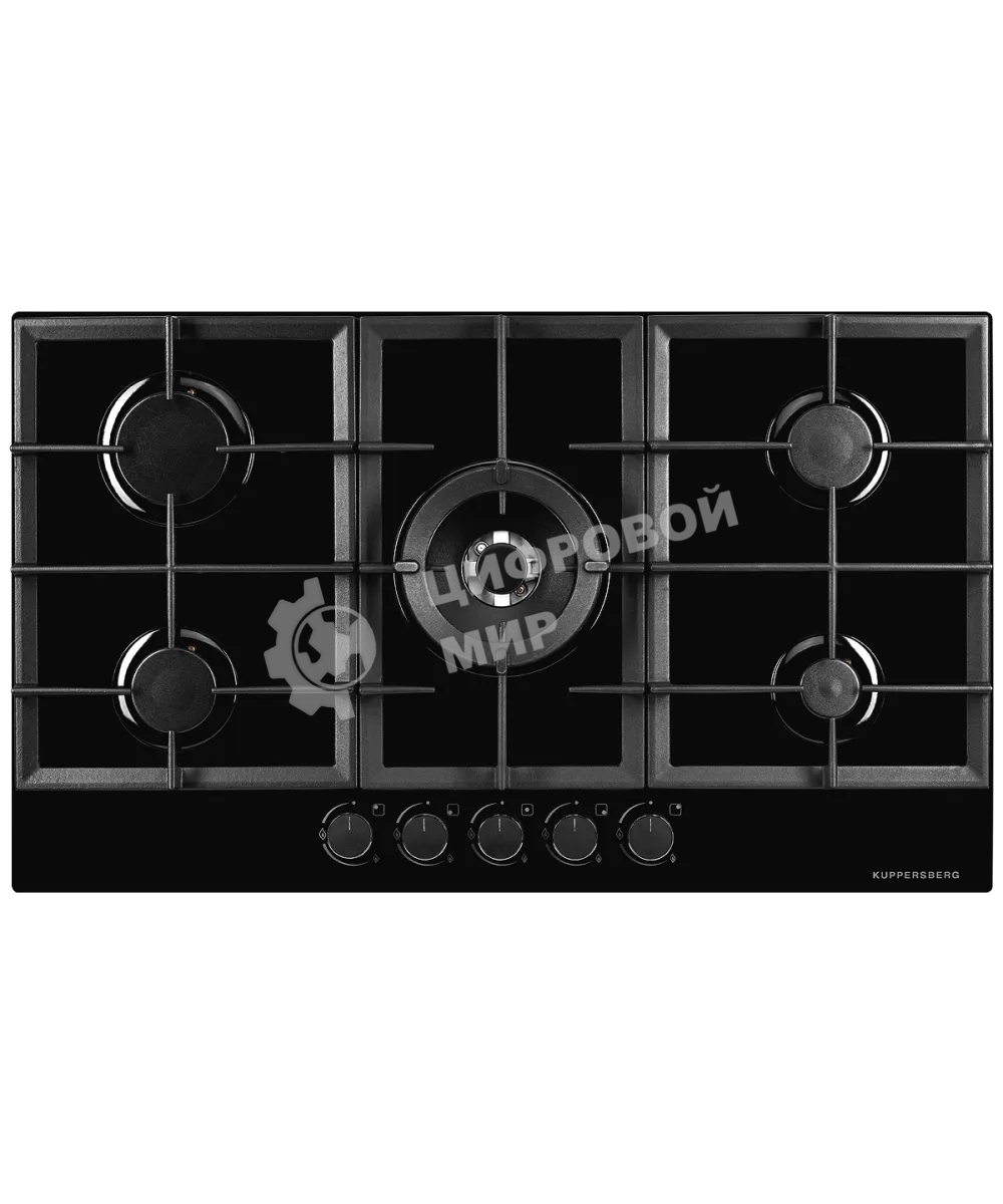 Газовая варочная панель Kuppersberg FG 95 B, закаленное стекло, ширина 90 см, 5 газовых конфорок, WOK конфорка(4,2 кВт), автоподжиг, газ-контроль, чугунные решетки, черный