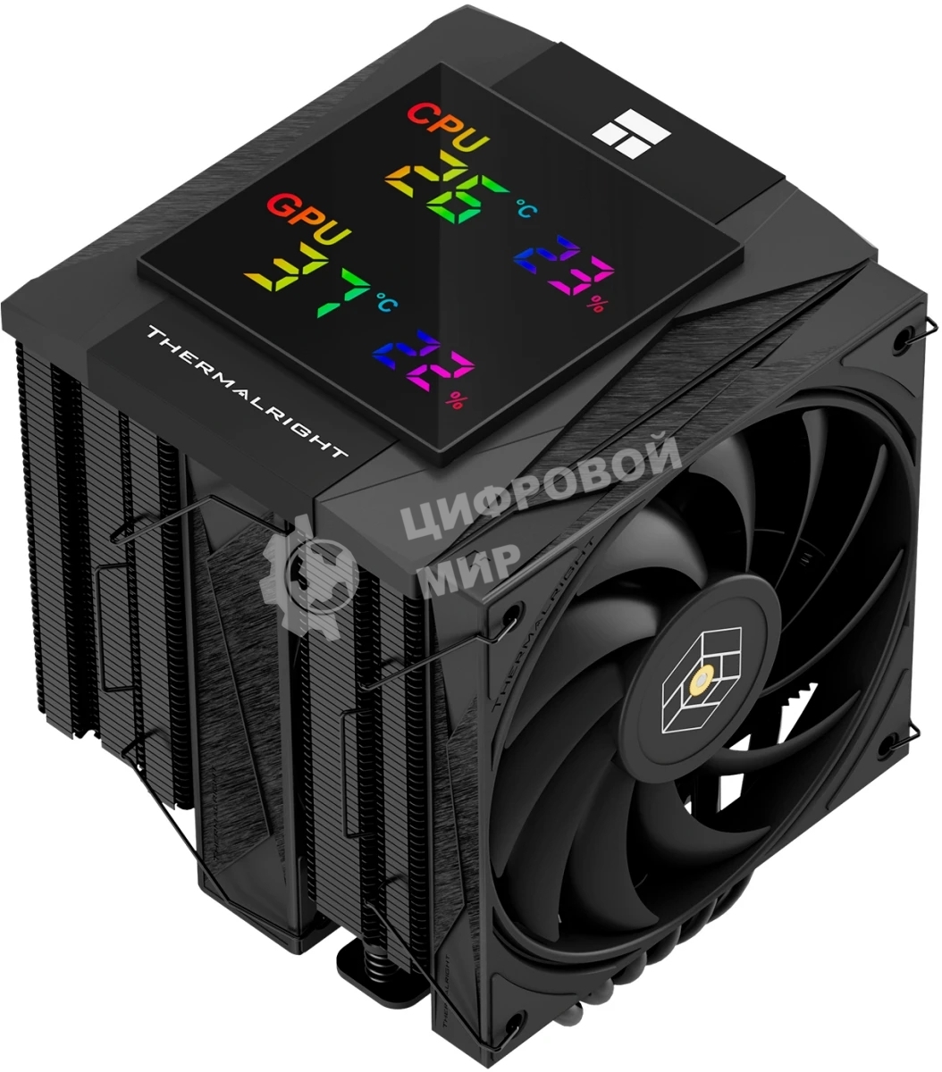 Кулер для процессора Thermalright Royal Knight 120 Digital Black (4-pin PWM, LED temp., 162mm, Ni/Cu, 6x6mm, 2x120mm, 80.45CFM/56.36CFM, 29.4dBA/28.4dBA, 2150RPM/1900RPM, S: 1200, 1700, 1851, 115X, 2011, 2066, AM4, AM5, black)