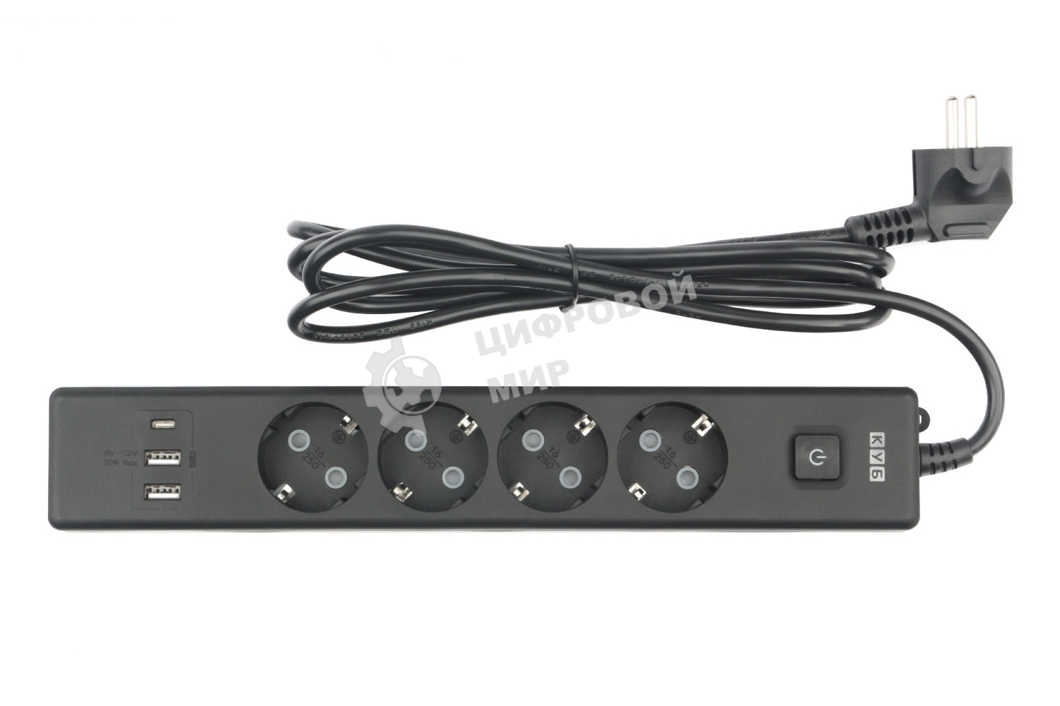 Бытовой удлинитель PowerCube, 4 р с/з вык.,3USB, 3500 Вт, 16А, 1.9 м, 3x1,0 черный PC-7B-2M
