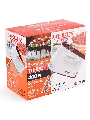 Миксер Delta LUX DE-7700 белый с бордовым : 400 Вт,4 насадки,5 скоростн.режимов,