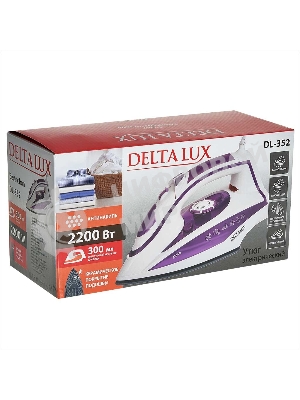 Утюг Delta LUX DL-352 белый с фиолетовым, 2200 Вт, 30 г/мин, 140 г/мин, 300 мл