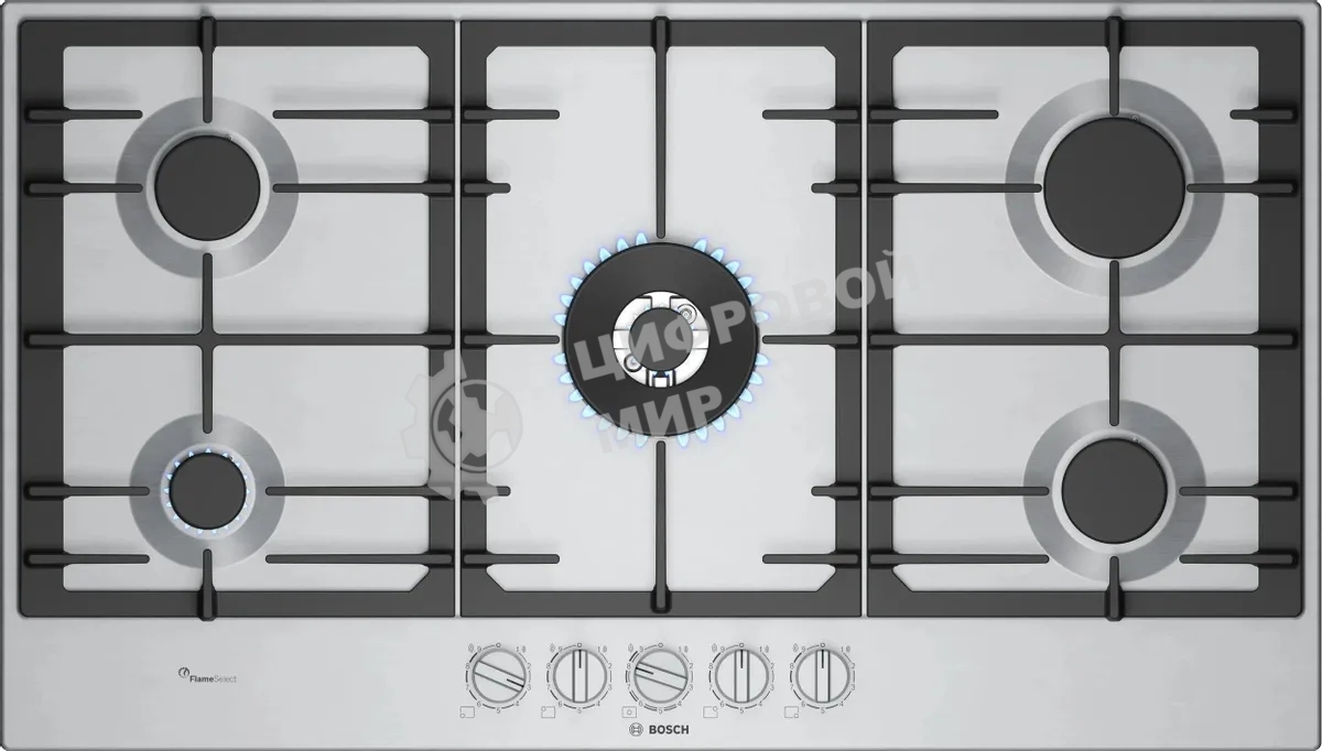 Газовая варочная панель Bosch PCR9A5I90M,90 см,нержавеющая сталь, 5 конфорок, 1 WOK-конфорка c 2 контурами пламени, 1 конфорка повышенной мощности,чугунные решетки,газ-контроль, автоматический электроподжиг