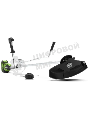 Триммер аккумуляторный GreenWorks GD40BCB, 40V, 40,6 см, бесщеточный, с АКБ 4АЧ и ЗУ (2105707UB) 40 вольт (модель GD40BCB) - отличная замена электро или бензиновому триммеру, он с легкостью справиться с высокой травой, а благодаря пильному диску (в комплекте) можно резать крупный кустарник. Это полупрофессиональный триммер, который отлично подойдет для ведения дачного хозяйства. Модель оснащена надежным бесщеточным двигателем DigiPro, сопоставимым по мощности с бензиновыми аналогами, при этом он абсолютно экологичен, имеет высокий крутящий момент, низкий уровень шума и вибраций, а так же прост в эксплуатации. Включение триммера производится одной кнопкой, основное применение - подрезка травы в труднодоступных для газонокосилки местах, а также подрезка кустарника. Эта модель имеет наплечный ремень, а также эргономичную велосипедную рукоятку. Долгое автономное время работы (до 80 минут от 4 А/час батареи) и отсутствие необходимости использовать бензин и масло, переносить за соб