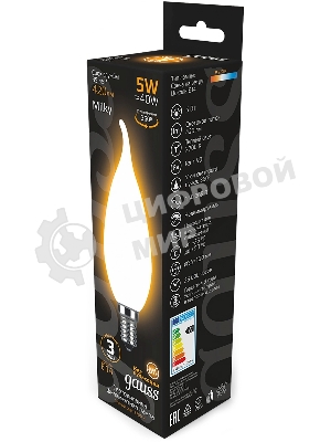 Лампа светодиодная филаментная Gauss Filament 5Вт цок.: E14 свеча 220B св. свеч. бел. теп. (упак.: 10 шт)