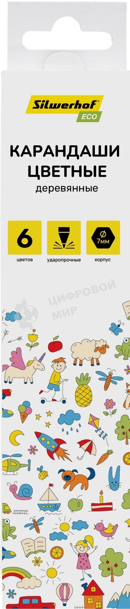 Карандаши цветные Silwerhof Eco 2.65 мм, шестигранный профиль, дерево, ассорти, 6 цветов, коробка с европодвесом