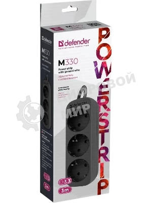 Удлинитель cетевой Defender M330 черный, 3 м, EURO, 3 розетки, 2200 Вт