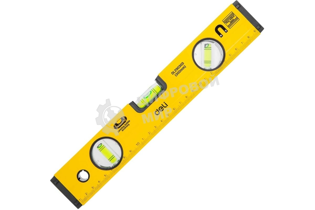 Строительный уровень Deli DL290300 300мм Алюминиевый сплав. Мягкая резина на обоих концах. Магнит для удобства эксплуатации. Измерение под углом 45°.