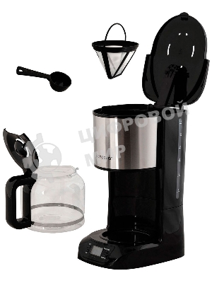 Кофеварка капельного типа Endever Costa-1044, мощность 800 Вт, -стальной/черный, объем 1,5л, LCD дисплей, по 4 шт/уп
