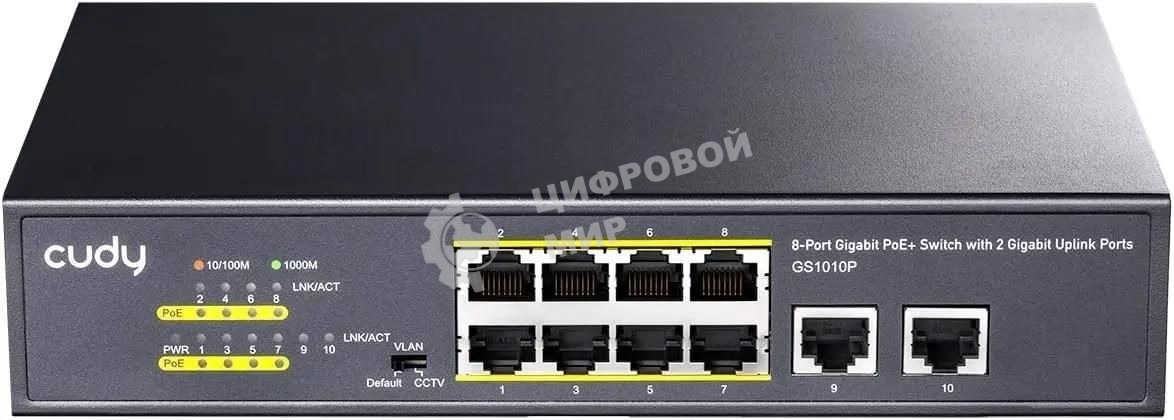 Коммутатор Cudy 8 RJ-45 10/100/1000M PSE ports +2 RJ45 10/100/1000 Uplink Port Unmanaged PoE+ Switch 120W, CCTV/VLAN mode support, long distance:250M at CCTV mode. 802.3af/at standard, Aternative 1/2(+),3/6(-), Rack-mountable Steel Case, Watchdog, 120W internal