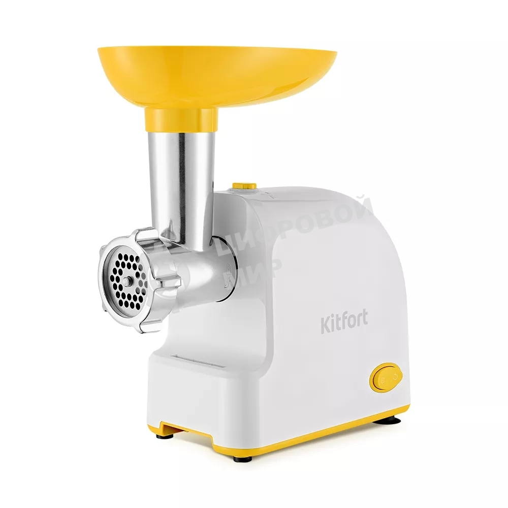 Мясорубка электрическая Kitfort КТ-2113-2 белый/желтый, 1000 Вт, 1.2 кг/мин, реверс, защита от перегрузки, насадки - 4