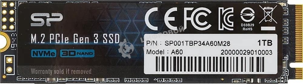 Накопитель SSD Silicon Power P34A60, 1Tb, PCIe 3.0 x4, M.2 2280, NVMe, R/W 2200/1600