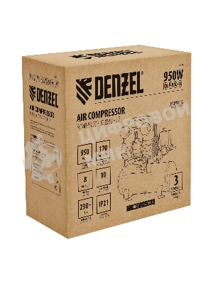Компрессор безмасляный малошумный Denzel DLP-950/10, 950 Вт,10 л, 2850 об/мин, 170 л/мин