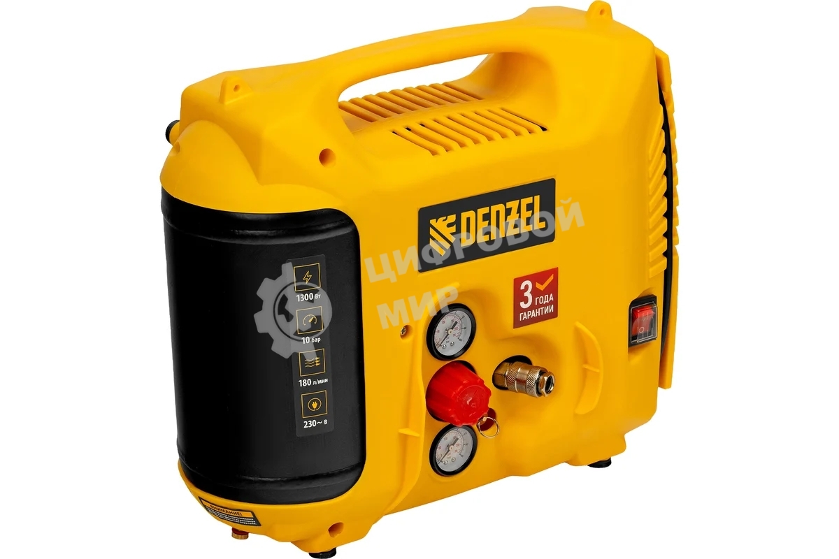 Компрессор воздушный Denzel DL1300, 10 бар, 1,3 кВт, 180 л/мин, 5 л, с набором аксессуаров