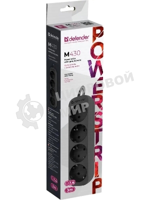 Удлинитель Defender M430 черный, 3 м, EURO, 4 розетки, 2200 Вт