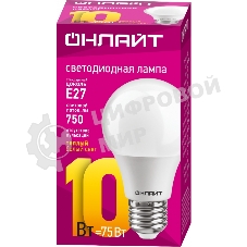 Лампа светодиодная ОНЛАЙТ 71649 OLL-A60-10-230-2.7K-E27 10Вт грушевидная 2700К тепл. белый E27 750лм 176-264В