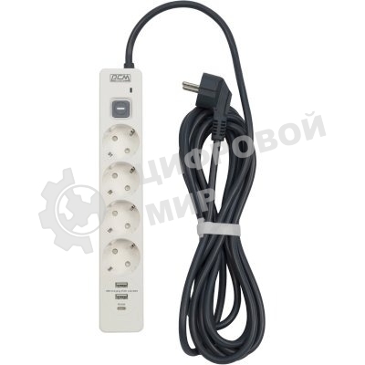 Сетевой фильтр Powercom SP-01 USB2A1CW 3,0М 3.0 м, 4 розетки, белый/серый, коробка
