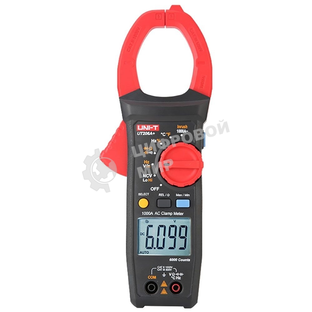 Токоизмерительные клещи UT205A+ Напряжение постоянного/переменного тока (1000 В); переменный ток (1000А); Сопротивление (40 МОм); Емкость (40 мФ); Частота (10 МГц); Отверстие челюсти 42 мм