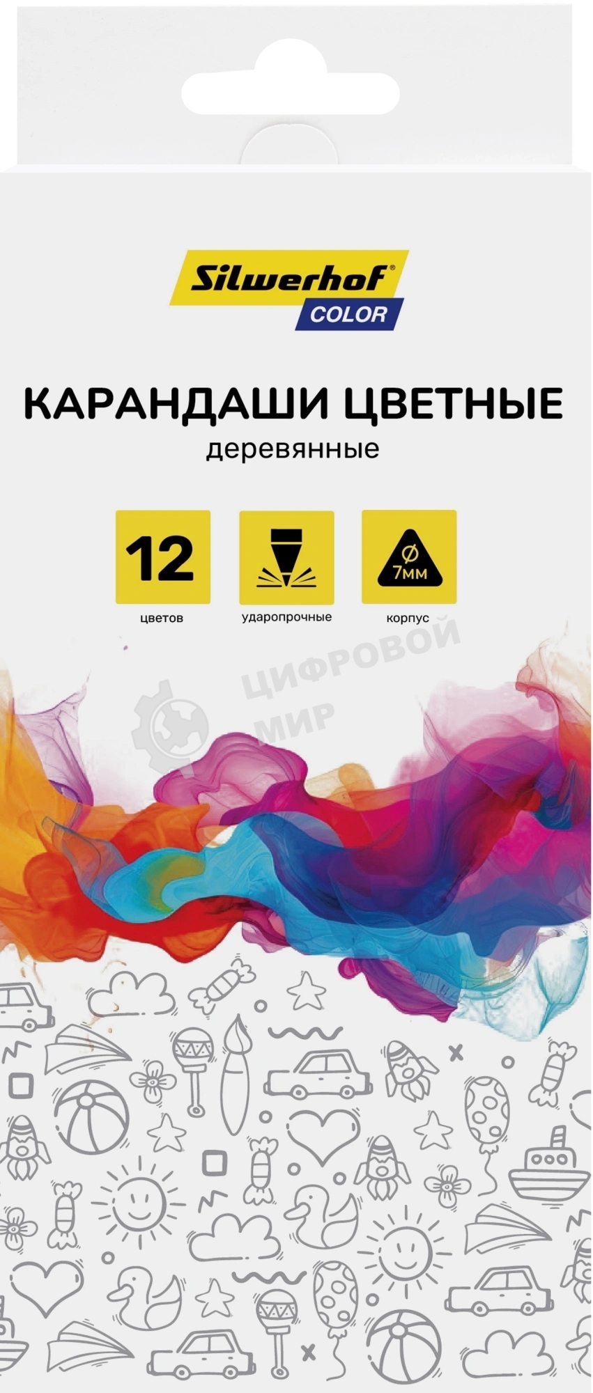 Карандаши цветные Silwerhof Color 2.65 мм, трехгранный профиль, дерево, ассорти, 12 цветов, коробка с европодвесом