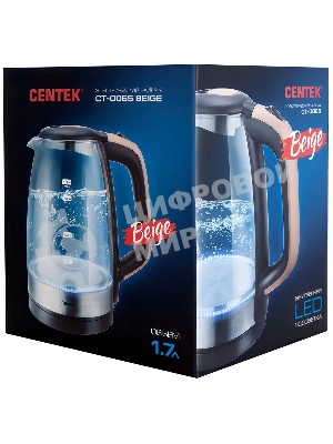Чайник электрический Centek CT-0065 Beige стекло, 1.7 л 2200 Вт, LED-подсветка, мерная шкала, защита от вкл б/воды