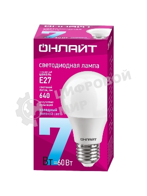 Лампа светодиодная ОНЛАЙТ 61139 OLL-A60-7-230-6.5K-E27 грушевидная