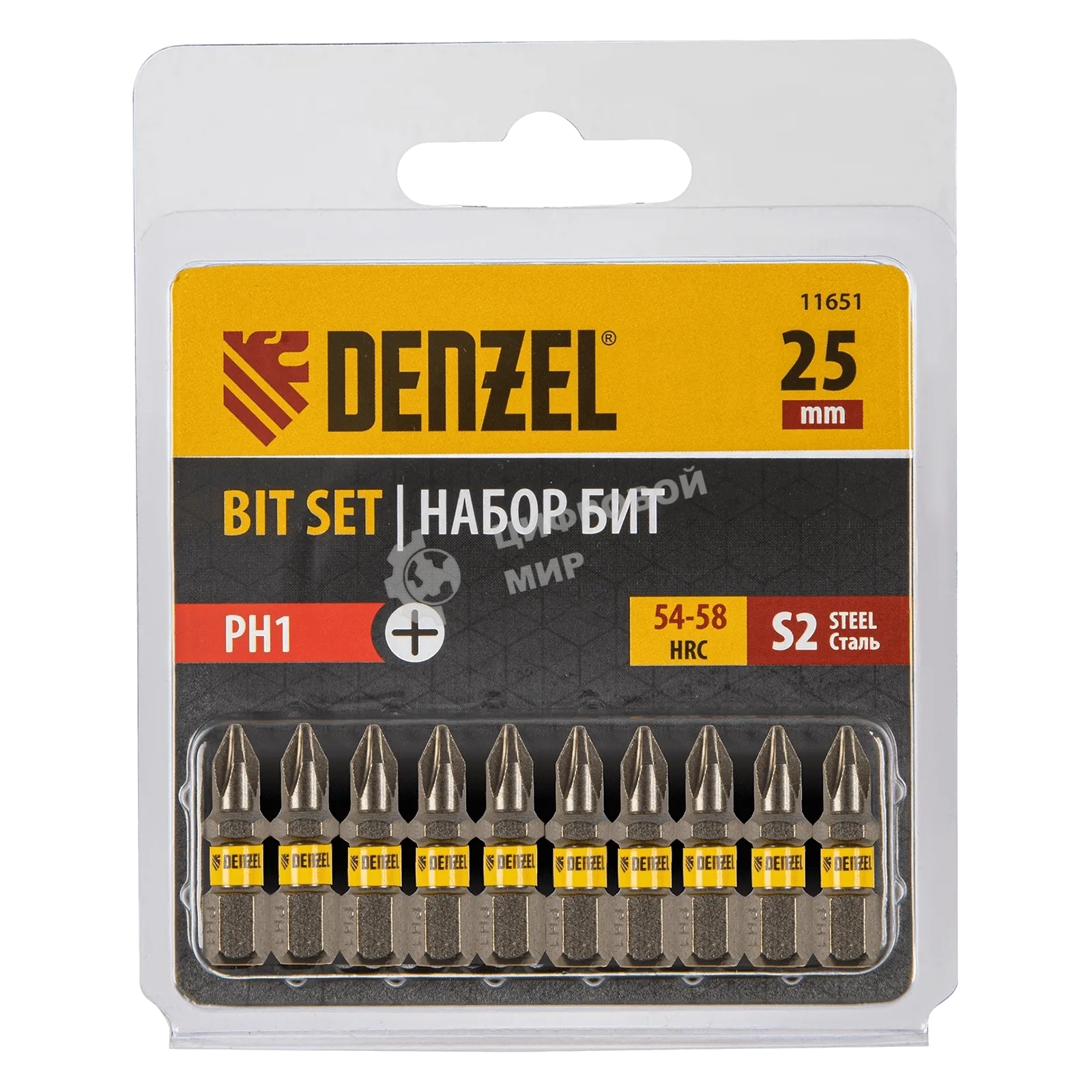 Набор бит Denzel PH1х25, сталь S2, шестигранный профиль, 10 шт.