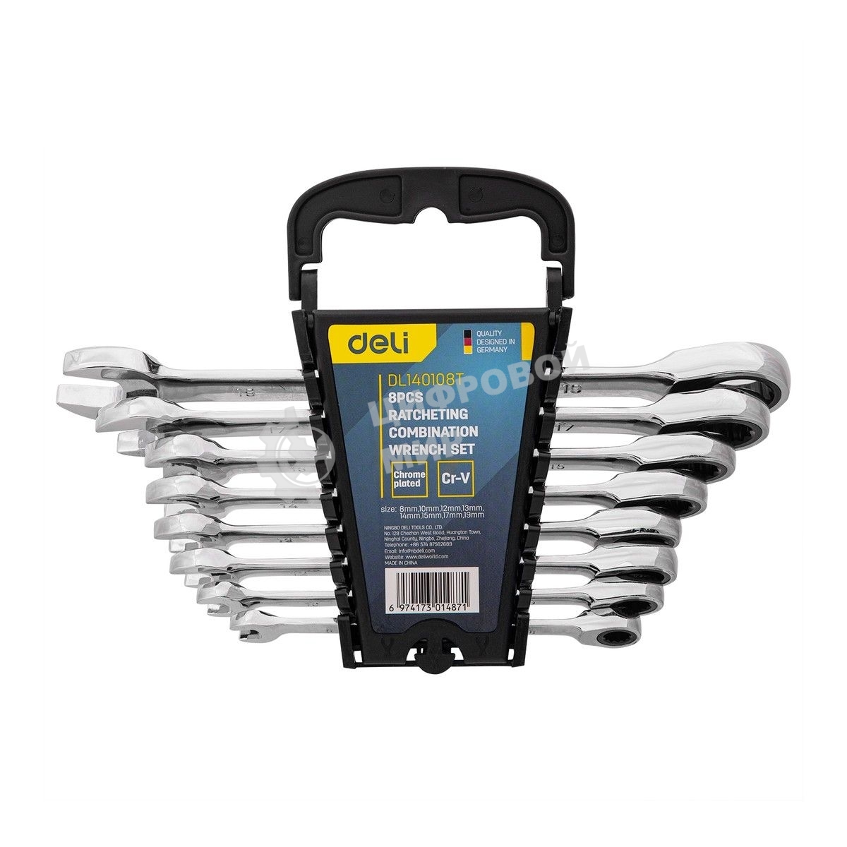 Набор комбинированных ключей с трещоткой 8 шт Deli DL140108T Спецификация: 8,10,12,13,14,15,17,19мм. Сталь 40 Cr. Трещетка 50BV30 72Т.
