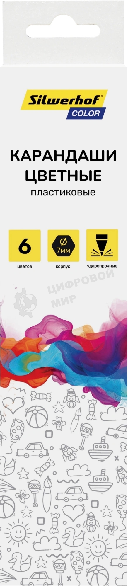 Карандаши цветные Silwerhof Color 2.6 мм, шестигранный профиль, пластик, ассорти, 6 цветов, коробка с европодвесом