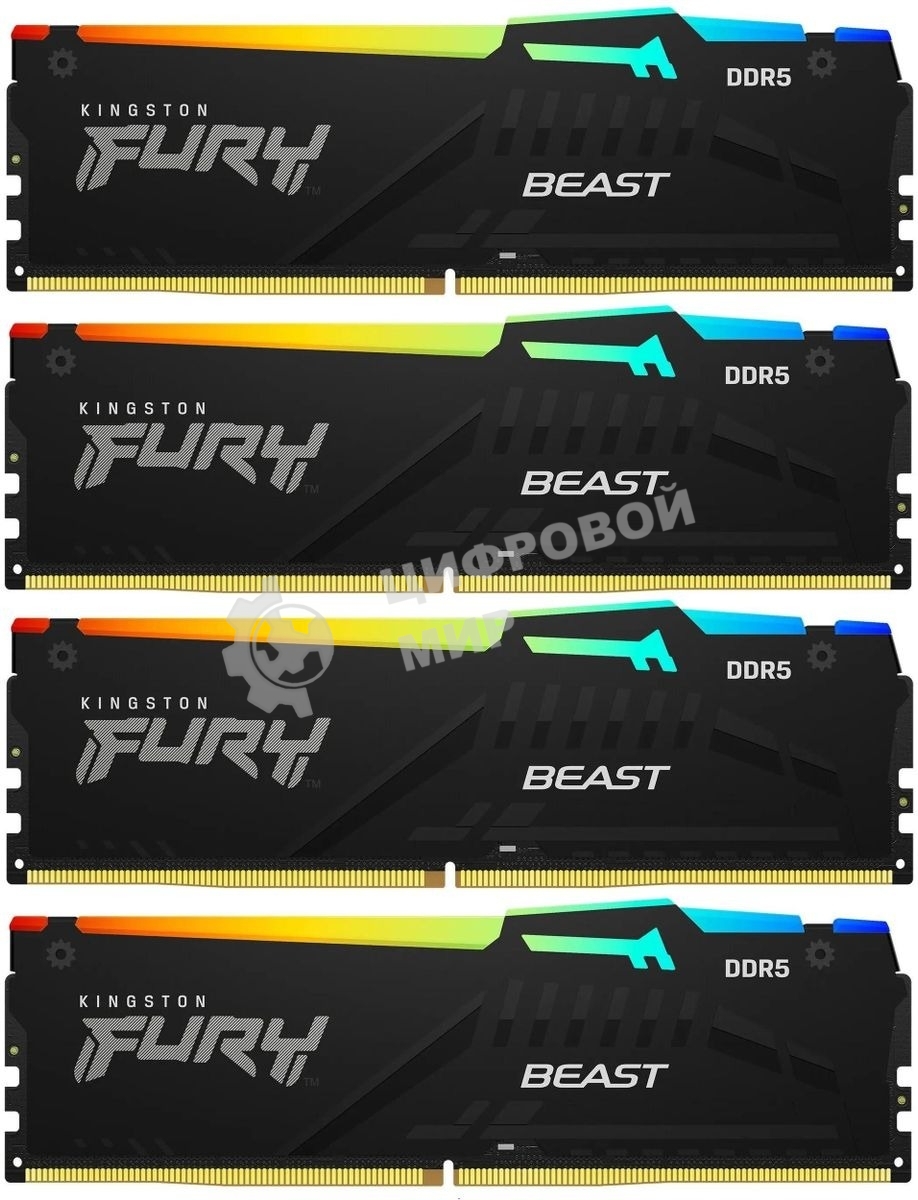 Оперативная память Kingston Fury Beast RGB, DDR5, 64Gb (4x16 GB), 6000 MHz, CL40, радиатор, RGB, черный