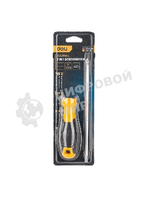Двухсторонняя отвертка Deli DL626150S PH2+SL6x150 мм Спецификация продукта.: 6/PH2x150мм. Материал хвостовика: Cr-V. Длина: 260 мм. Длина: 150 мм. Диаметр хвостовика: 6,3 мм.