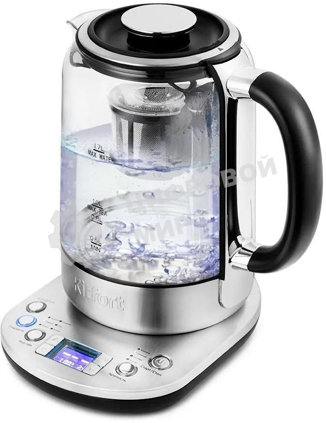 Чайник электрический Kitfort KT-6116 1.7 л, 2200 Вт, нержавеющая сталь/черный (корпус: стекло)
