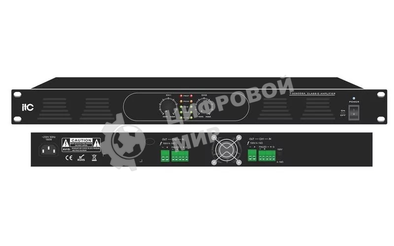 Усилитель T-2120DSA ITC, Two Channel Class-D Amp, 2х120W, 100V/4Ohm,1U height, with volume control in front panel,without 24VDC