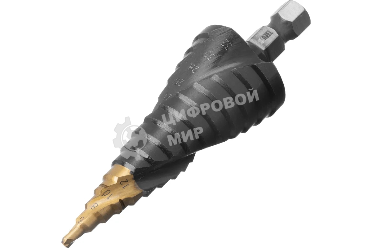 Сверло ступенчатое Denzel 4-6-8-10-12-14-16-18-20-22-24-26-28-30-32 мм, Р6М5, 6-гр. хвостовик