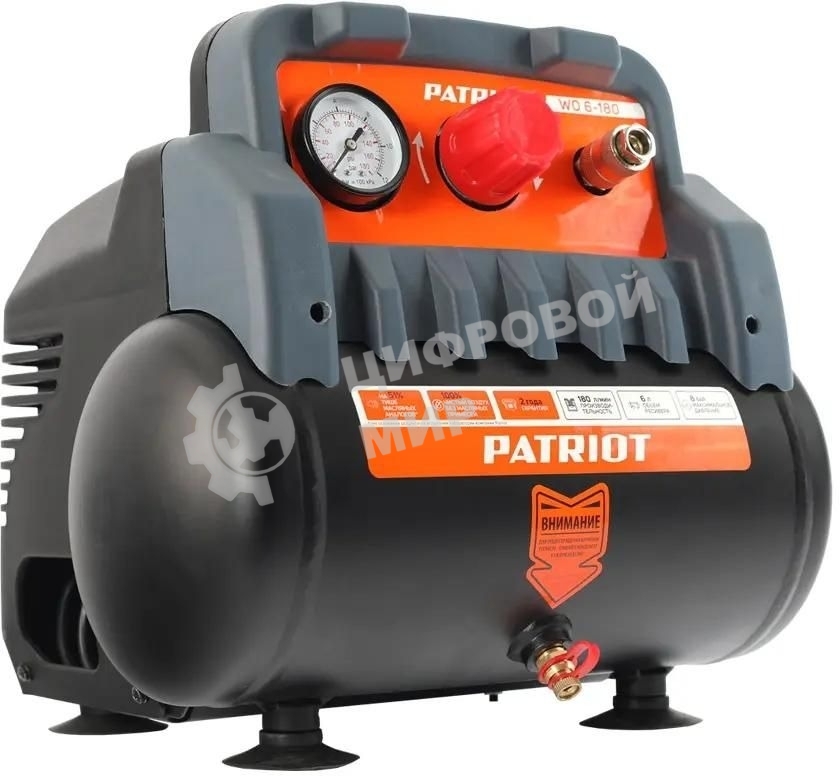 Компрессор поршневой Patriot WO 6-180 безмасляный 180л/мин 6л 1100Вт черный/оранжевый