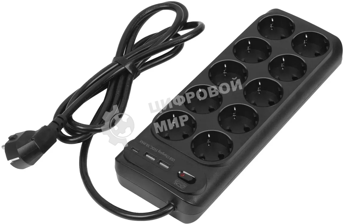 Сетевой фильтр Powercom SP-10 USB2A1СB 3,0 м 3.0м (10 розеток) черный, коробка